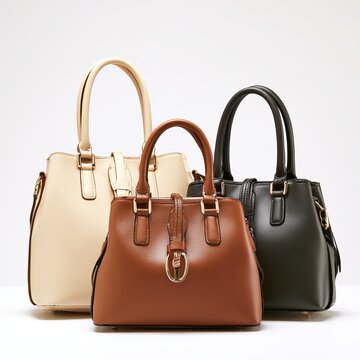 Women's handbags sit against white backgrounds.