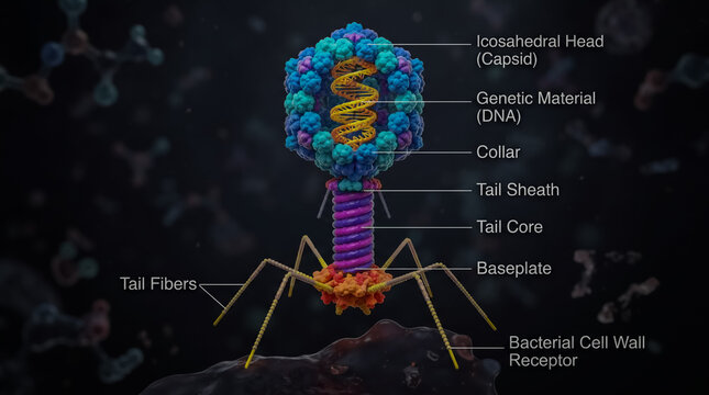 Anatomical diagram of bacteriophage T4 virus structure and components