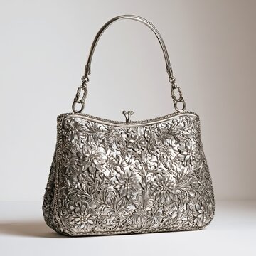 Handmade silver handbag sits on white background.