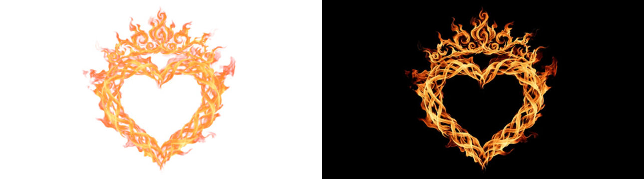 Hollow flame ribbon heart surmounted by fire tiara with incandescent light burning effect cutout with real transparency