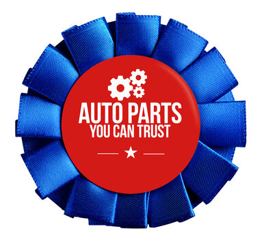 Blue ribbon badge promoting reliable auto parts service, transparent background