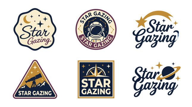 An array of six visually appealing logos themed around star gazing, integrating celestial designs and modern typography to inspire cosmic exploration and curiosity.