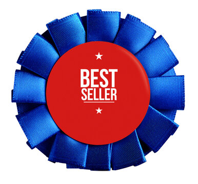 Blue best seller rosette ribbon symbolizing achievement and quality on transparent background