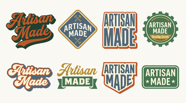 This image features various logos emphasizing 'Artisan Made', reflecting a dedication to craftsmanship and quality through distinctive designs and color palettes aimed at unique products.