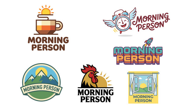 A vibrant collection of logos representing the concept of being a morning person, featuring elements like coffee mugs, cheerful clocks, and roosters.