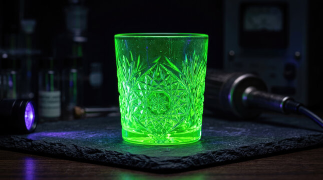 Glowing green uranium glass cup illuminated by UV light in a dark science laboratory environment