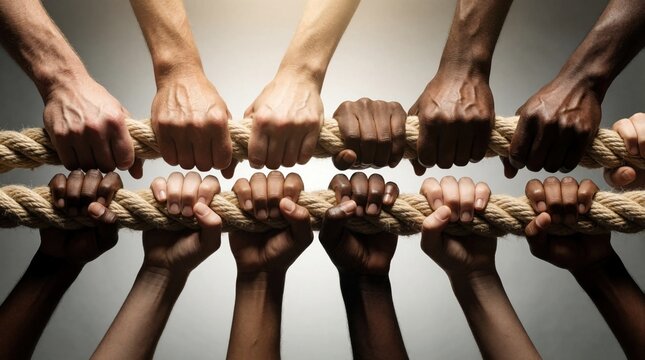 Many diverse hands pull thick rope together, showing unity, strength, and teamwork. People with different skin tones hold rope firmly, symbolizing cooperation and collective effort for a common goal.