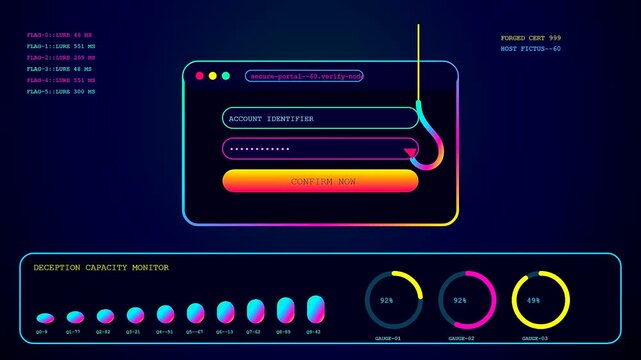 A digital phishing alert interface demonstrates data monitoring on a dark screen with glowing bars and loading circles representing multiple security nodes in modern computing
