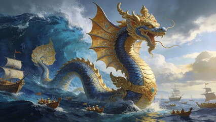 Fototapeta premium Majestic golden dragon soaring over stormy ocean with Viking ships and mythical sea creatures below