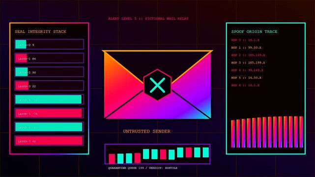 A digital phishing alert display shows multiple mail notification frames with glowing magenta and cyan bar charts tracking security protocols across a dark grid interface