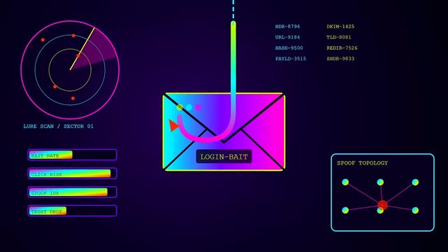 A digital phishing alert display features multiple holographic envelope icons monitored by circular radar scanners with neon gradient interfaces in a dark virtual network security workspace