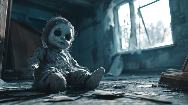 A creepy doll sitting in an abandoned room, with cobwebs and dust covering its face.