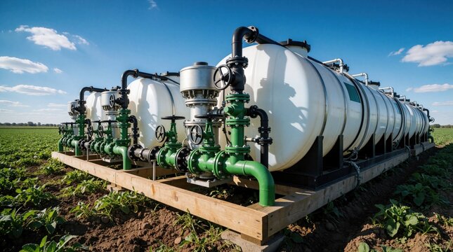 Modern fertigation system with tanks and pipes set up in a field for efficient crop watering and nutrient delivery. Precision agriculture tech boosts farm output.