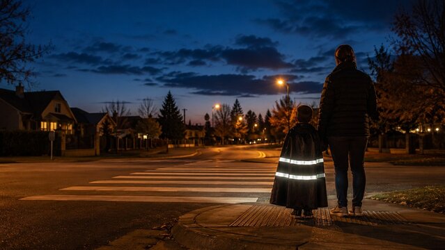 Mother and child in costume waiting at crosswalk at night
