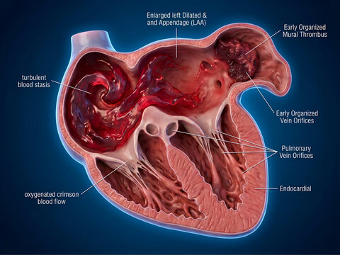 A detailed 3D medical illustration showing the internal anatomy of a human heart, specifically highlighting a dilated left atrial appendage with a mural thrombus and turbulent blood flow.
