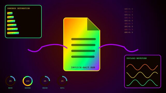 A digital phishing alert display features abstract waveforms and status bars tracking system security threats as multiple data panels highlight malicious software file execution across monitors