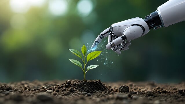 Artificial intelligence in agriculture concept with robotic hand touching green plant and glowing digital network connection, symbolizing nature and technology integration