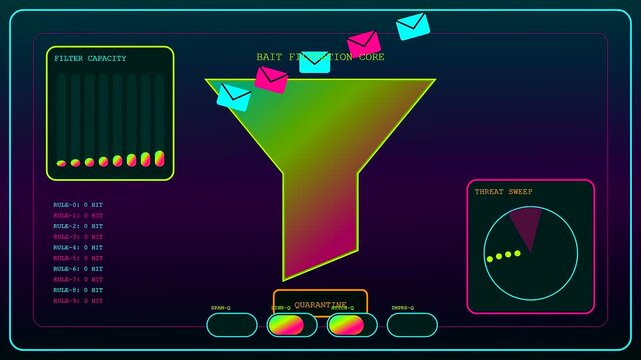 A digital phishing alert sequence shows virtual message envelopes moving through a neon funnel interface while data indicators pulsate and radar scans detect network security threats