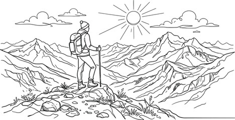 Fototapeta premium Hiker Mountain Landscape Line Art Illustration
