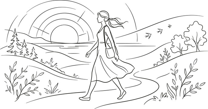 Girl Walking Outdoor Nature Landscape Drawing