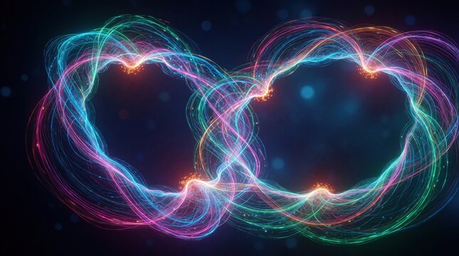 Abstract glowing lines form infinite loop shape with vibrant neon colors. Dynamic light waves create cyclical feedback loop pattern on dark background. Digital energy flow visualization shows complex