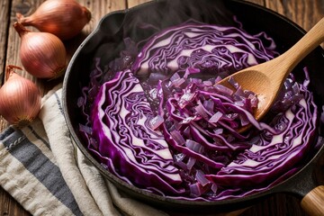 Fototapeta premium Red cabbage cooks in cast iron pan with onions and wooden spoon. Steam rises from the vegetable dish prepared for dinner on rustic wooden table.