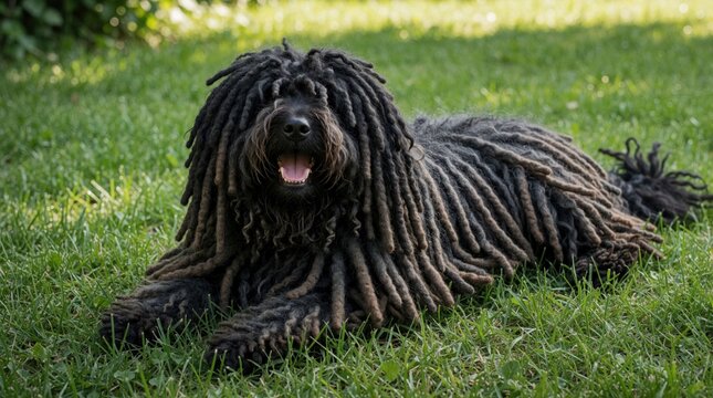 Black Puli dog with unique corded coat rests on vibrant green grass outdoors. This Hungarian breed shows its distinctive dreadlocks. Animal portrait.