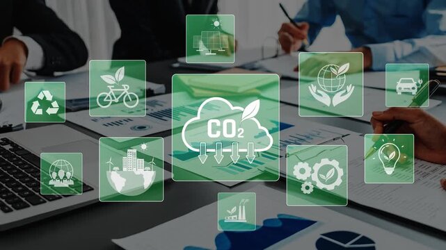 Professionals discuss CO2 reduction strategies using various eco-friendly icons, illustrating sustainability goals and collaborative efforts in a modern office setting. Raster