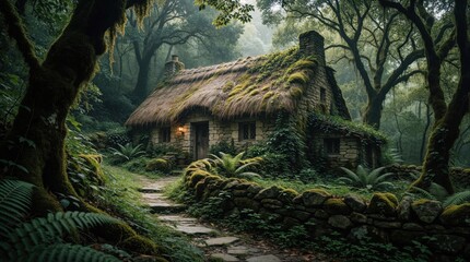 Fototapeta premium Stone cottage with thatched roof sits in overgrown forest. Moss covers walls and trees. Stone path leads to hidden dwelling, secluded and ancient.