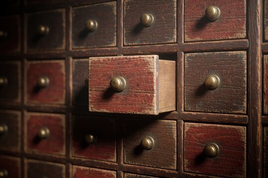 Old wooden drawers in traditional chinese herbal medicine shop. Antique apothecary cabinet with red textured wood, brass knobs. Vintage asian apothecary furniture used for storing dried herbs,