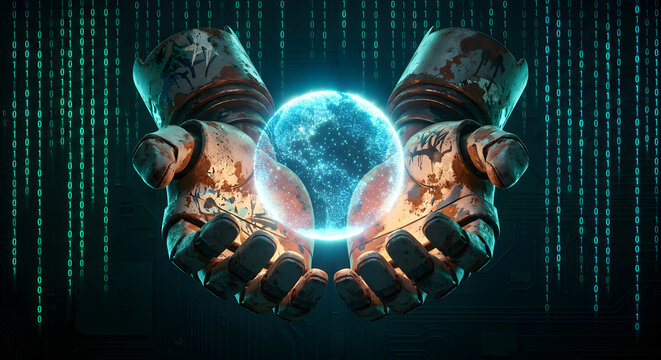 
Robot Hands Holding Glowing Digital Globe with Binary Code Background
