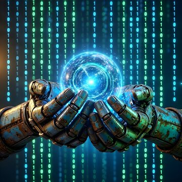 
Robot Hands Holding Glowing Digital Globe with Binary Code Background
