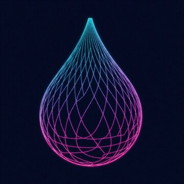 Ethereal geometric water droplet shimmers in gradient neon, light blue to fuchsia, fluid networks. Modern, intricate, abstract, perfect for themes like technology, art, symetry. Sleek, luminous