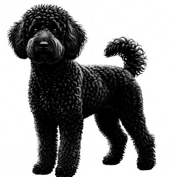 Black schnoodle dog illustration with curly fur stands alert. This line art is perfect for logos, pet brands, or animal lovers seeking a simple, stylish canine graphic.