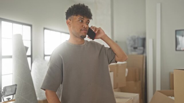 Man talking on smartphone and gesturing with hand amid packed moving boxes, rolled rug and stacked cartons in building; moving stress.