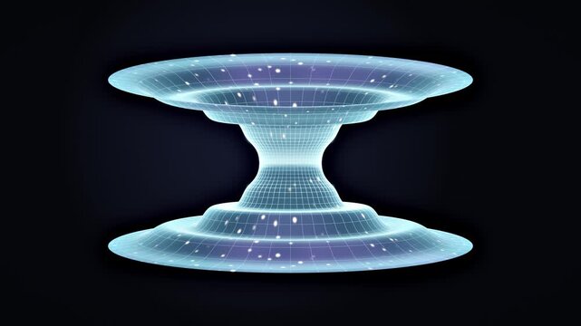 Glowing wormhole spacetime funnel with grid and stars on black