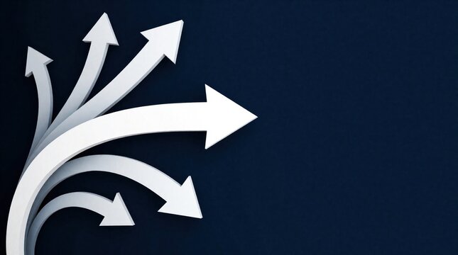 White arrows split and diverge on dark blue. This symbolizes business strategy, choices, and future direction. Multiple paths lead forward from one point.