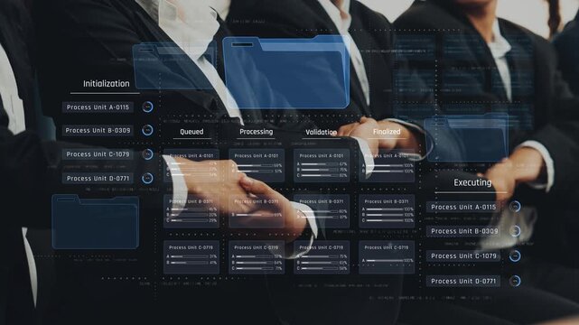 A business team dressed in formal attire is engaged in observing a digital workflow interface, showcasing various data processes and indicators while discussing strategy and collaboration. Raster