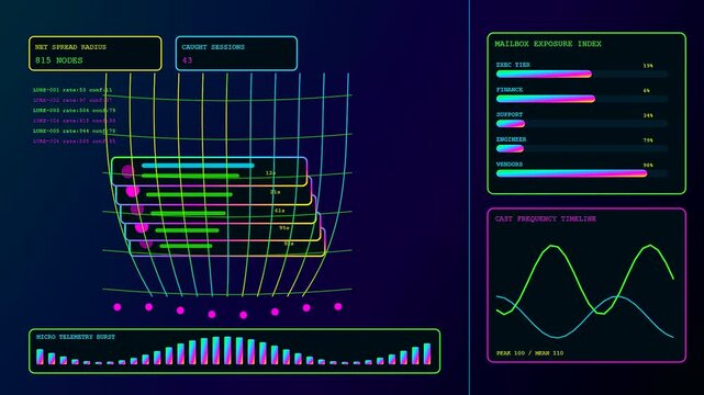 A phishing alert system monitors data flow on digital screens showing glowing nodes and wave patterns captured during a sequence of three complex analytic scenes