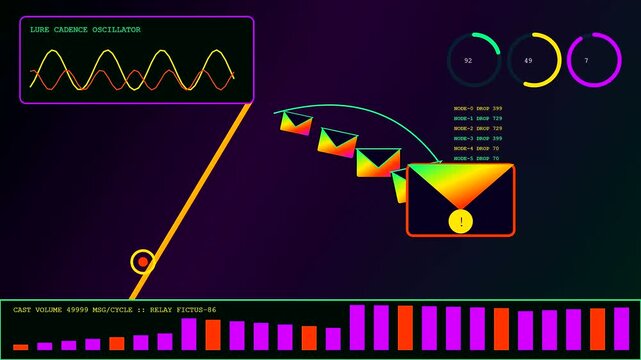 A digital phishing alert display features multiple envelopes floating into a receiver node while vibrant bar graphs pulse rhythmically across the dark purple interface screen layout