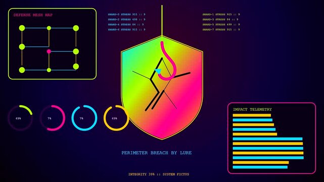 A digital phishing alert notification displays on a glowing colorful shield interface with shifting data metrics and evolving network graphs within a simulated security operations monitor