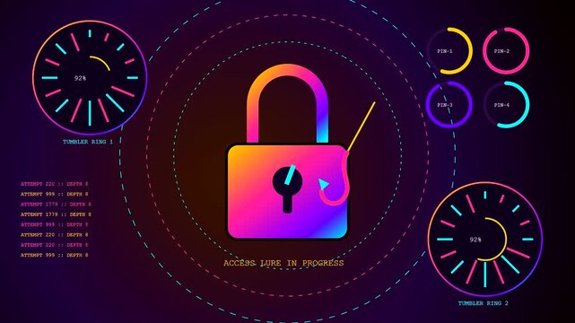 A digital phishing alert display features a glowing padlock icon being attacked by a virtual hook symbol while loading interface circles cycle on dark violet canvas