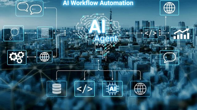 Conceptual image representing AI workflow automation with various digital elements and city skyline in the background, showcasing technology impact on modern business. Entropy.