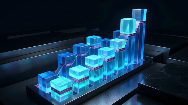 Rising bar chart made of glowing blue translucent glass cubes, arranged in a stepped staircase formation on a dark reflective surface