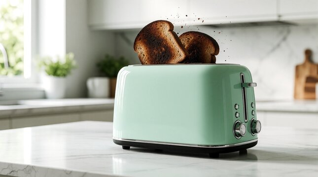 Mint green toaster pops out toasted bread slices in modern bright kitchen. Two pieces of crunchy burnt toast jump from appliance on white marble counter. Morning breakfast scene with contemporary