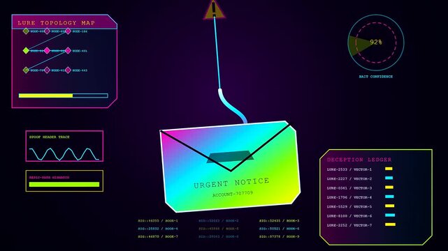 A phishing alert warning interface displays multiple digital mail envelopes monitored by complex network analysis modules within a glowing dark purple computer screen monitor visual presentation