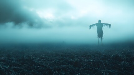Fototapeta premium A fog-covered field with a single scarecrow standing ominously against the sky.