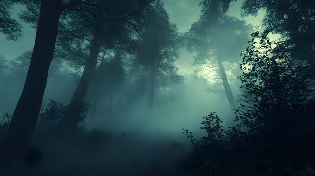 A fog-covered forest at twilight, with shadows that seem to move.