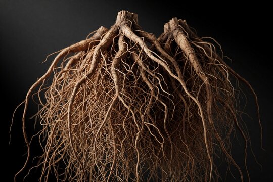 Vetiver grass roots system closeup. Tangled brown fibrous underground network on dark backdrop. Natural earthy botanical structure, detailed organic plant.