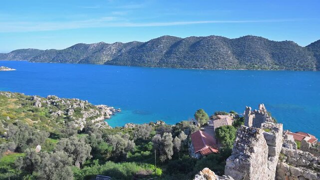 Scenic landscape of Kekova island from Simena Castle in Turkey